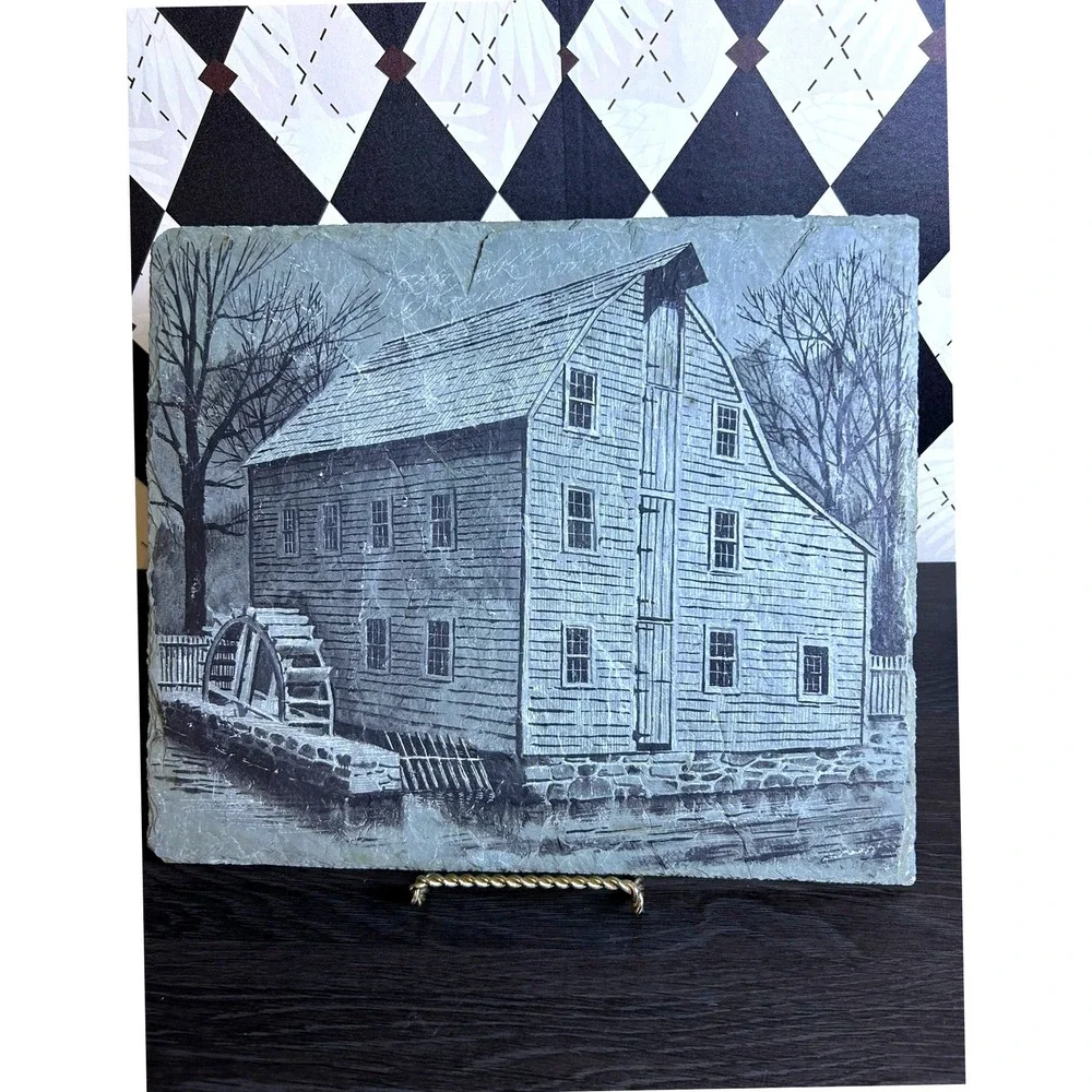 Historic Slate Rock Art The Saddle Rock Grist Mill Etched Colonial Landmark 14